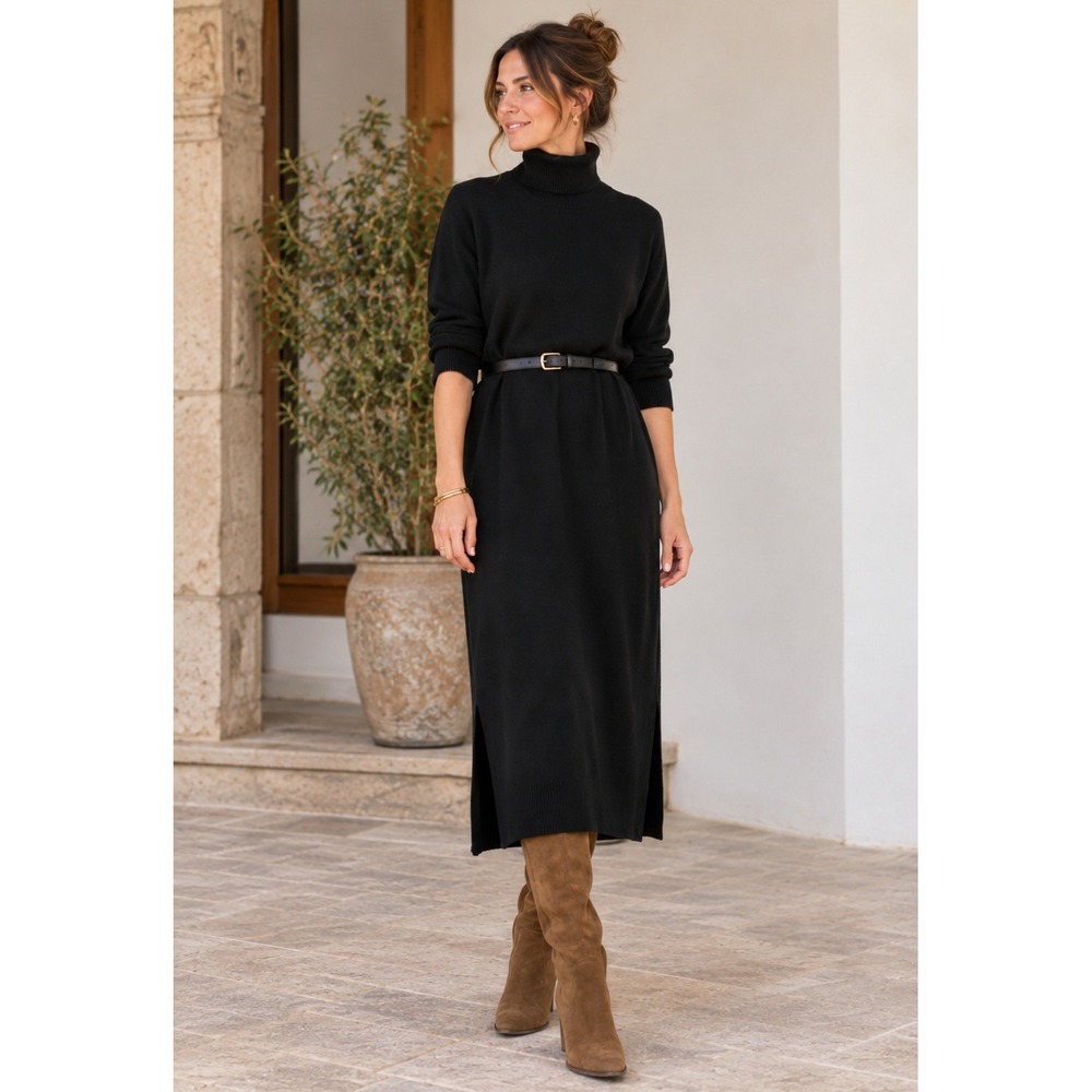 Quince Mongolian Cashmere Turtleneck Midi Sweater Dress Black XL Side Slit